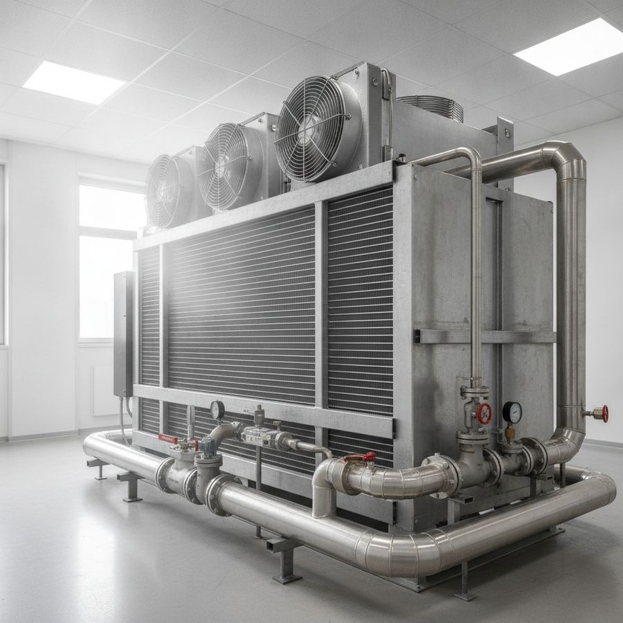 Scambiatore termico industriale con ventilatori e tubazioni in un'area tecnica luminosa e ordinata.
