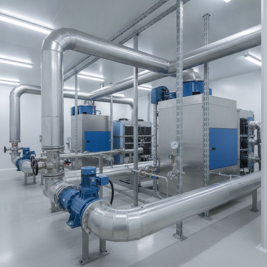 Sala tecnica luminosa con impianto frigorifero efficiente, tubazioni isolate, pompe e collettori ordinati.
