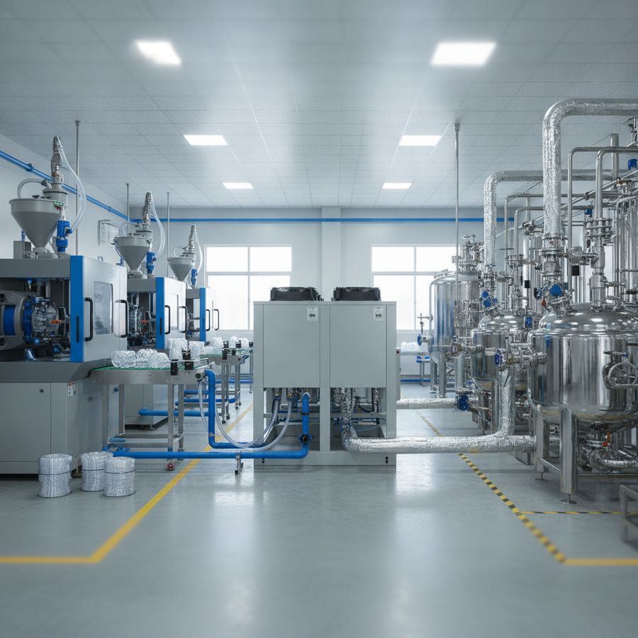 Maquinaria de plásticos y depósitos de proceso conectados a tuberías de refrigeración en una fábrica ordenada.