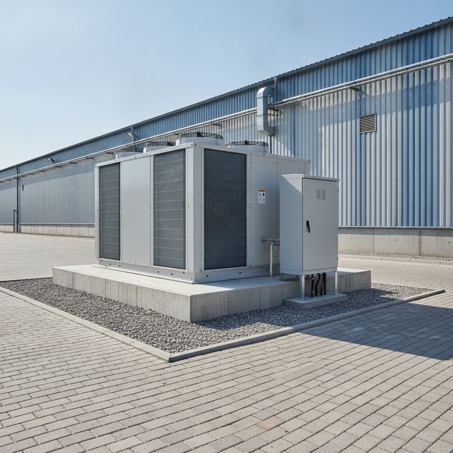 Unidad de refrigeración exterior en patio industrial amplio con acceso libre y estructura resistente al clima.