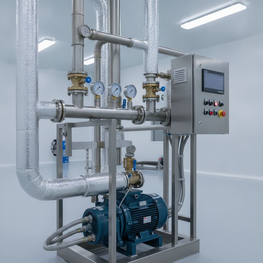 Sistema de agua presurizada con válvulas, manómetros y tuberías aisladas en un entorno industrial bien iluminado.