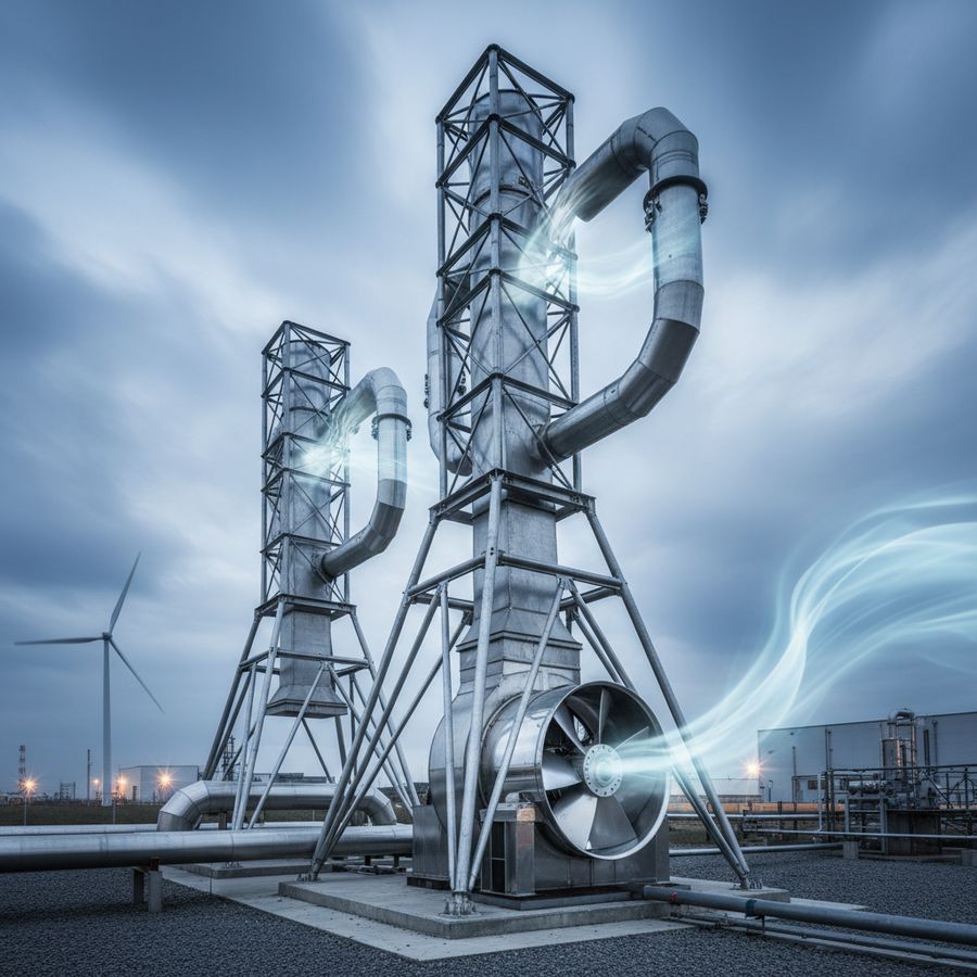 Indoor cooling tower installation with centrifugal fans and ducted airflow in an industrial facility
