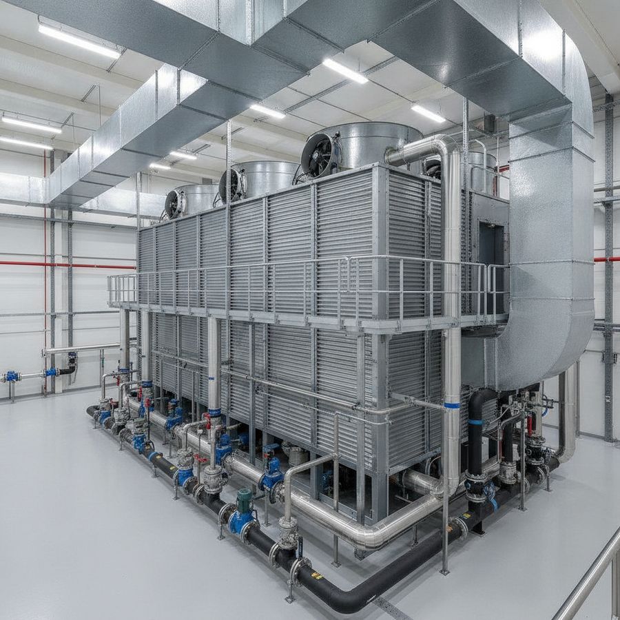 Indoor cooling tower with centrifugal fans, large ducts, steel panels, and service access in a bright plant room.