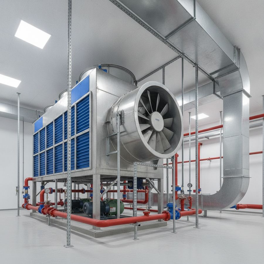 Indoor cooling tower with centrifugal fans, metal ductwork, and process piping in a bright plant room.