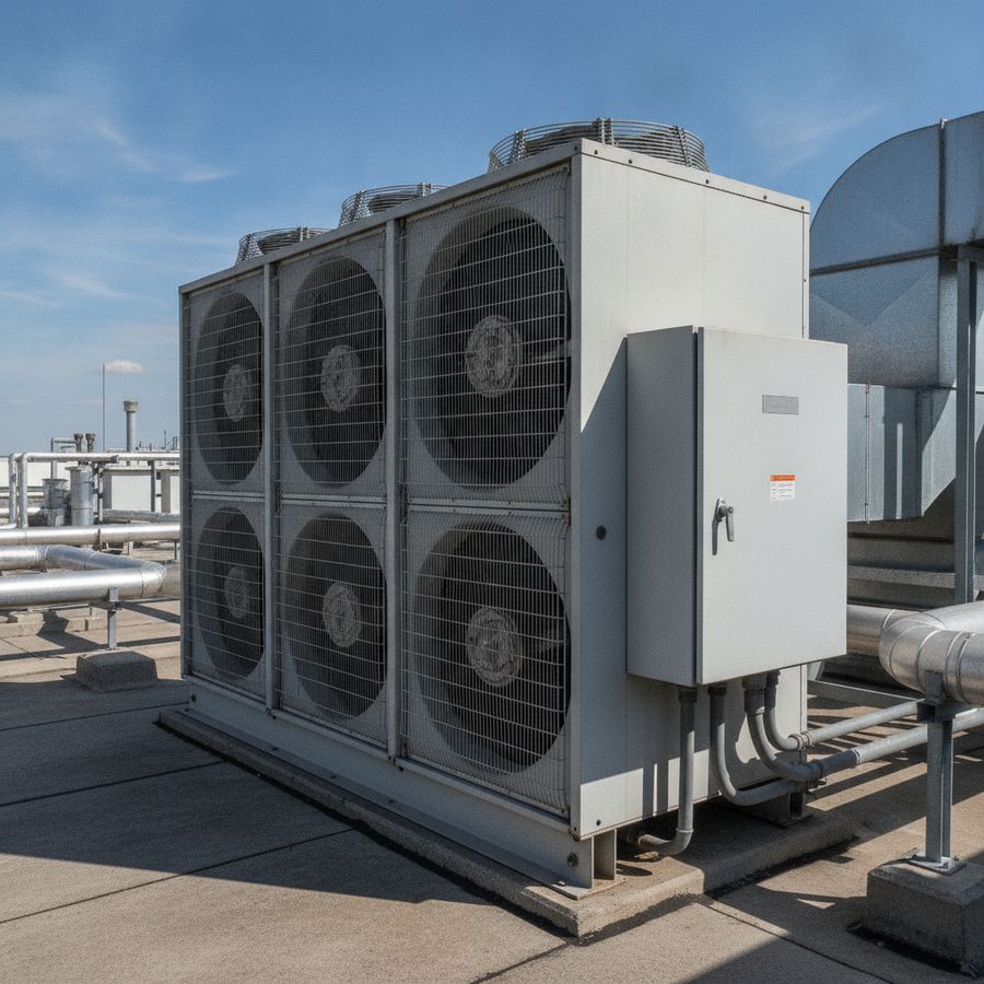 Unidad de refrigeración industrial al aire libre sobre una zona técnica exterior con ventiladores y carcasa metálica.