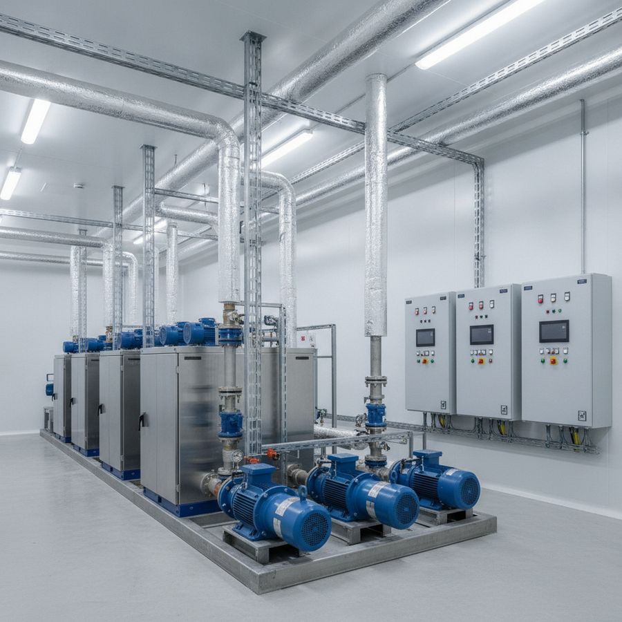 Sala tecnica con chiller modulari, pompe e tubazioni isolate in un impianto industriale ordinato e luminoso.