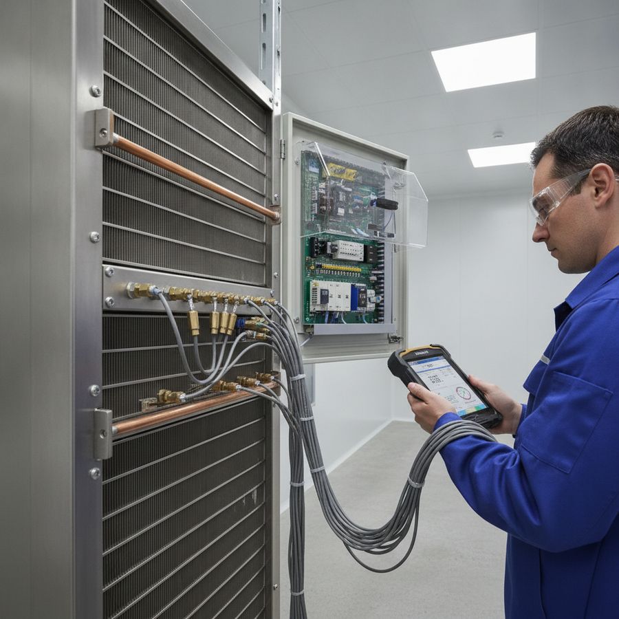 Engineer reviews sensor data beside an evaporator and control cabinet in a clean mechanical room.
