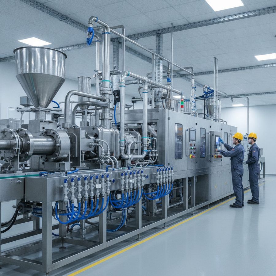 Linea di produzione plastica con macchinari, circuiti di raffreddamento e operatori in stabilimento moderno.