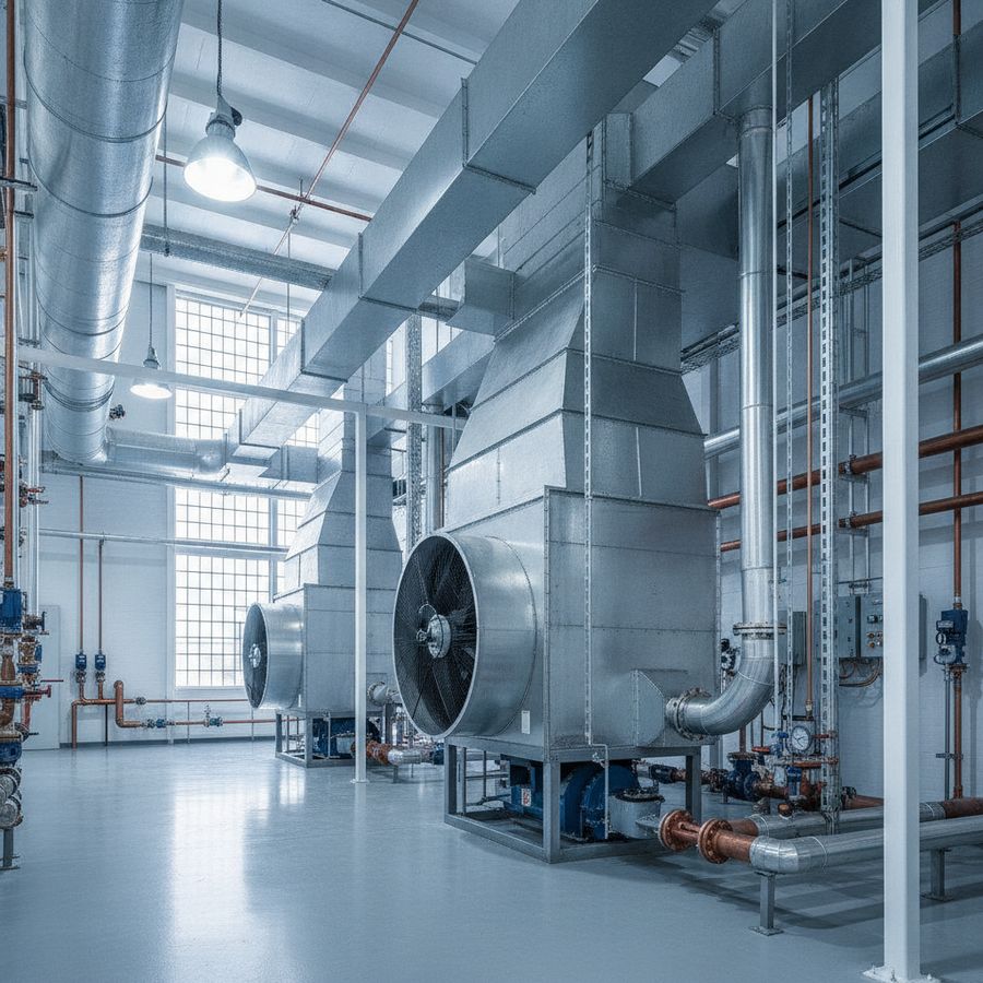 Indoor mechanical room with a cooling tower, centrifugal fans, overhead ducts, and neatly arranged piping.