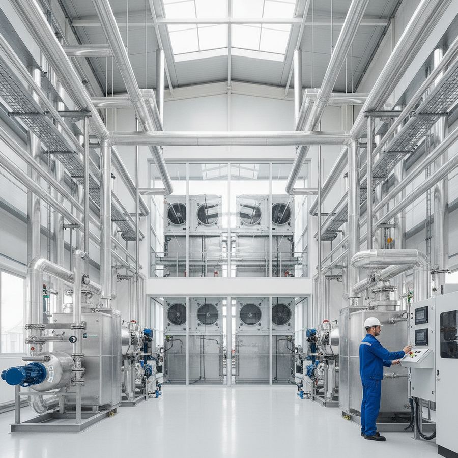 Tecnico accanto a impianto frigorifero industriale con tubazioni e unità di raffreddamento ben illuminate.