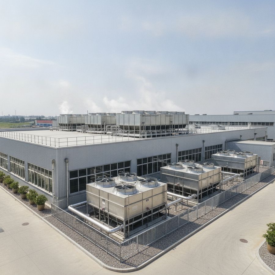 Cooling towers stand with clear spacing beside a factory, showing open airflow paths in bright daytime conditions.