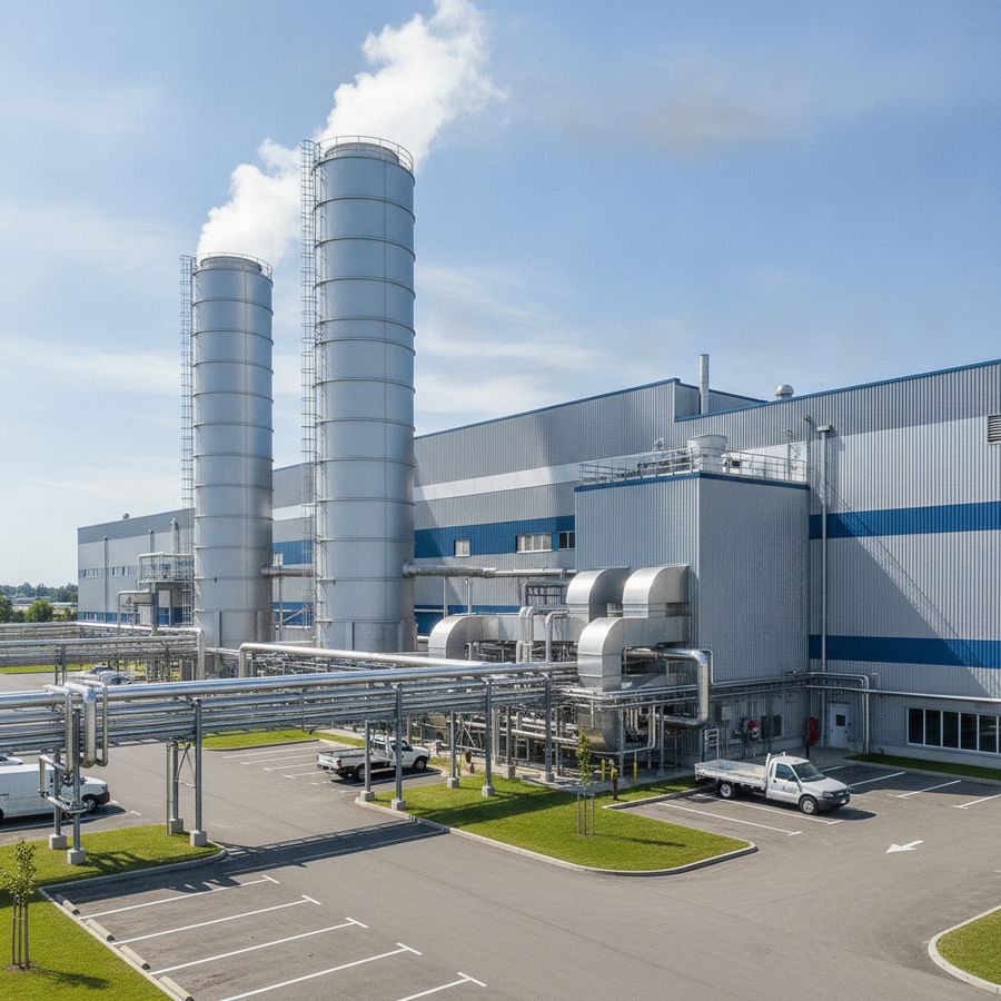 Cooling towers stand beside a clean food plant with piping and light vapor under bright daylight.