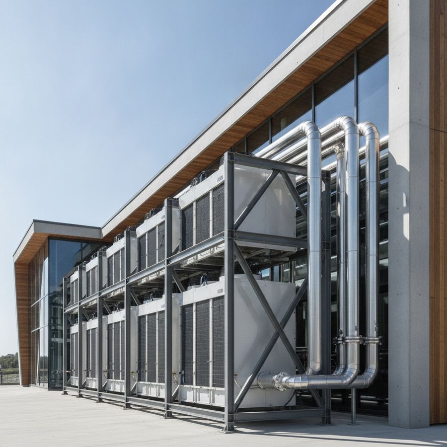Central frigorífica exterior junto a una bodega moderna, con unidades industriales y tuberías en luz diurna.