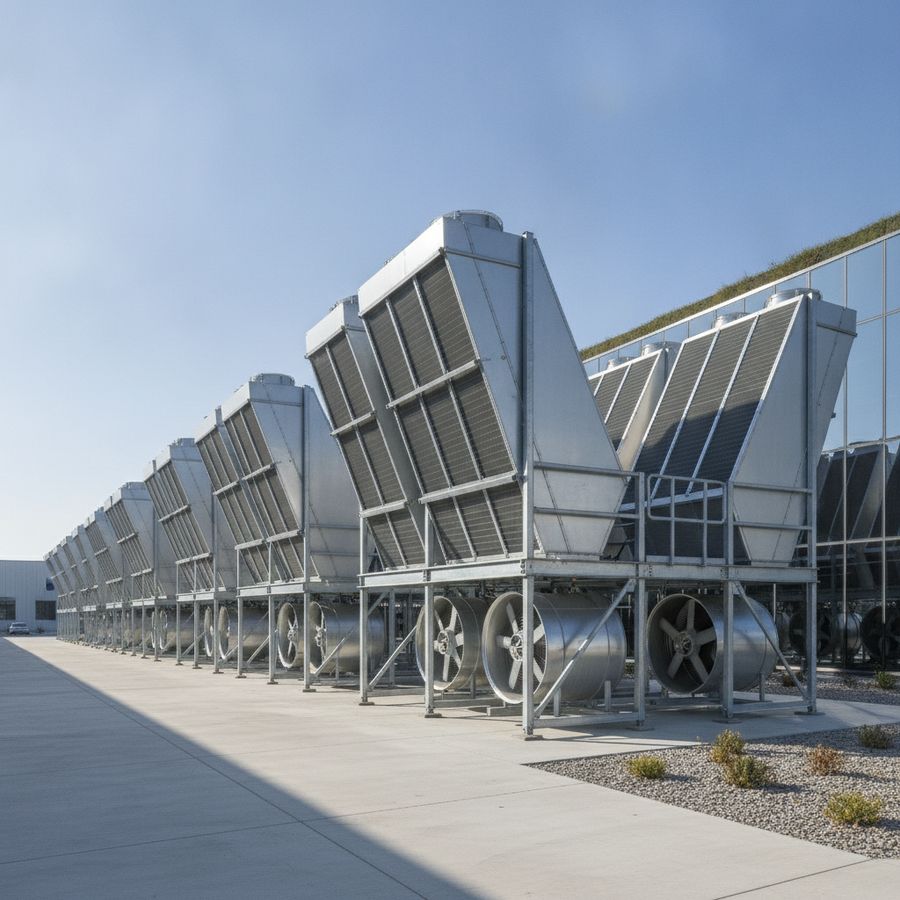 Unità esterne di raffreddamento ad aria accanto a uno stabilimento in una giornata luminosa.