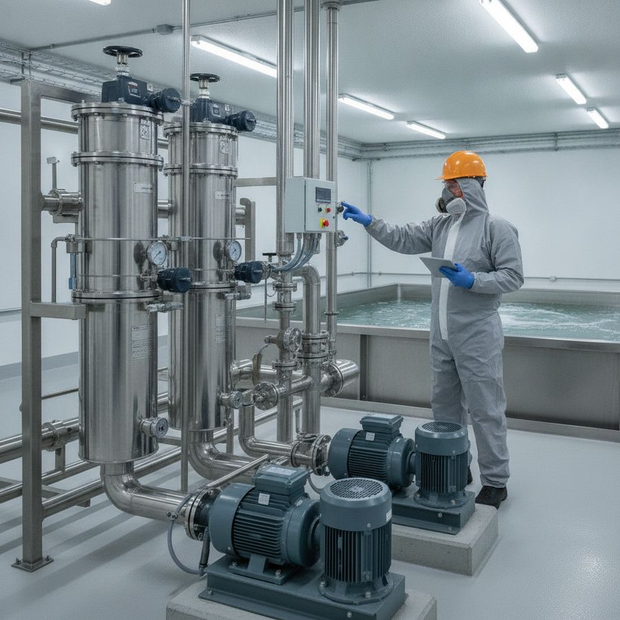 Tecnico con dispositivi di sicurezza controlla valvole, pompe e componenti del trattamento acqua.