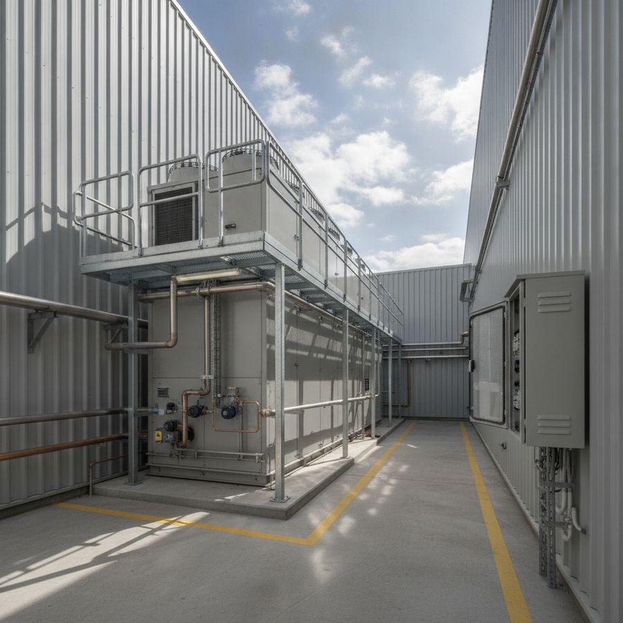 Unidad compacta de refrigeración exterior instalada junto a una nave con pasillos técnicos y tuberías ordenadas.