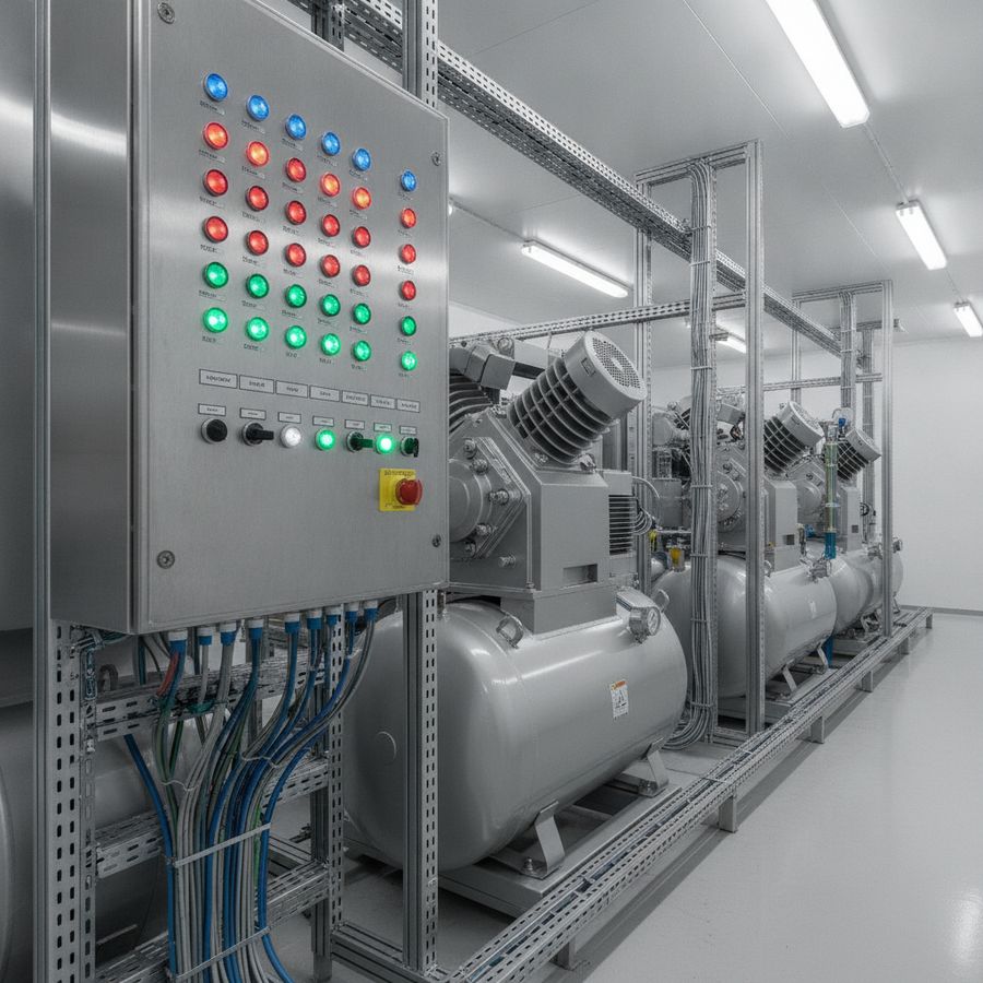 Compresores y cuadro eléctrico industrial ordenado en sala técnica bien iluminada y de aspecto moderno.