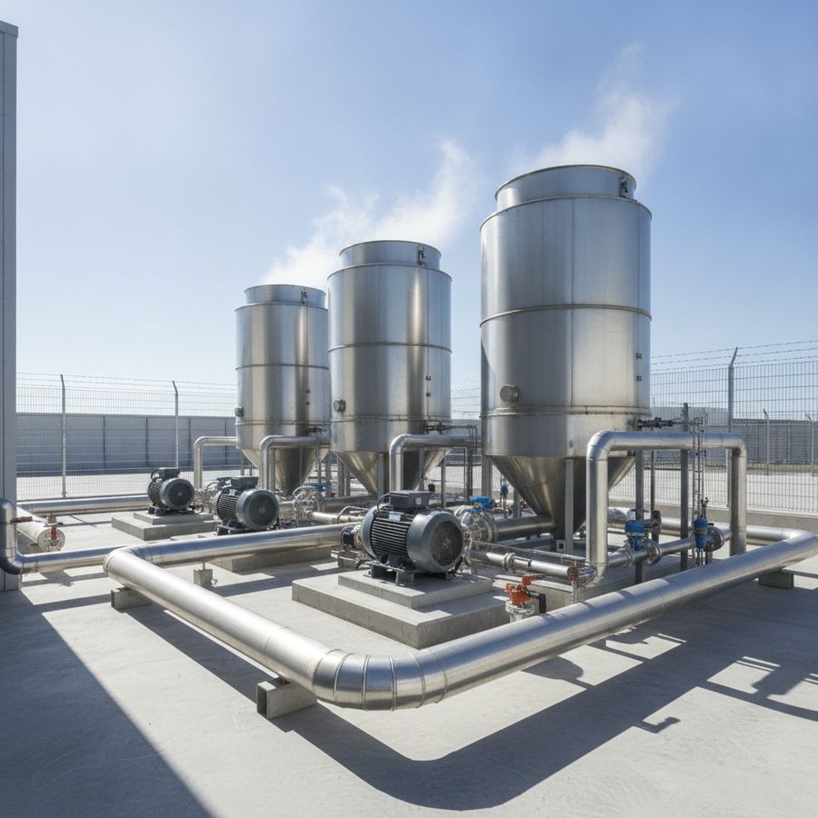 Outdoor utility yard with operating cooling towers, piping, and pumps beside a modern food factory in daylight.