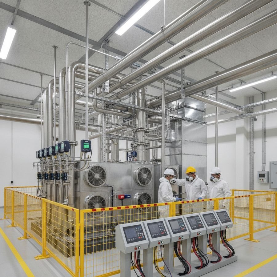 Technicians in safety gear examine piping and control equipment inside a well-lit machinery room.