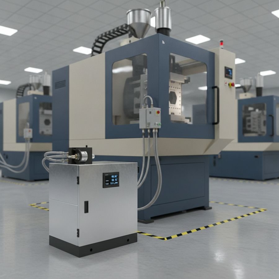 Compact cooling unit beside a single plastics machine with neatly routed hoses and fittings.