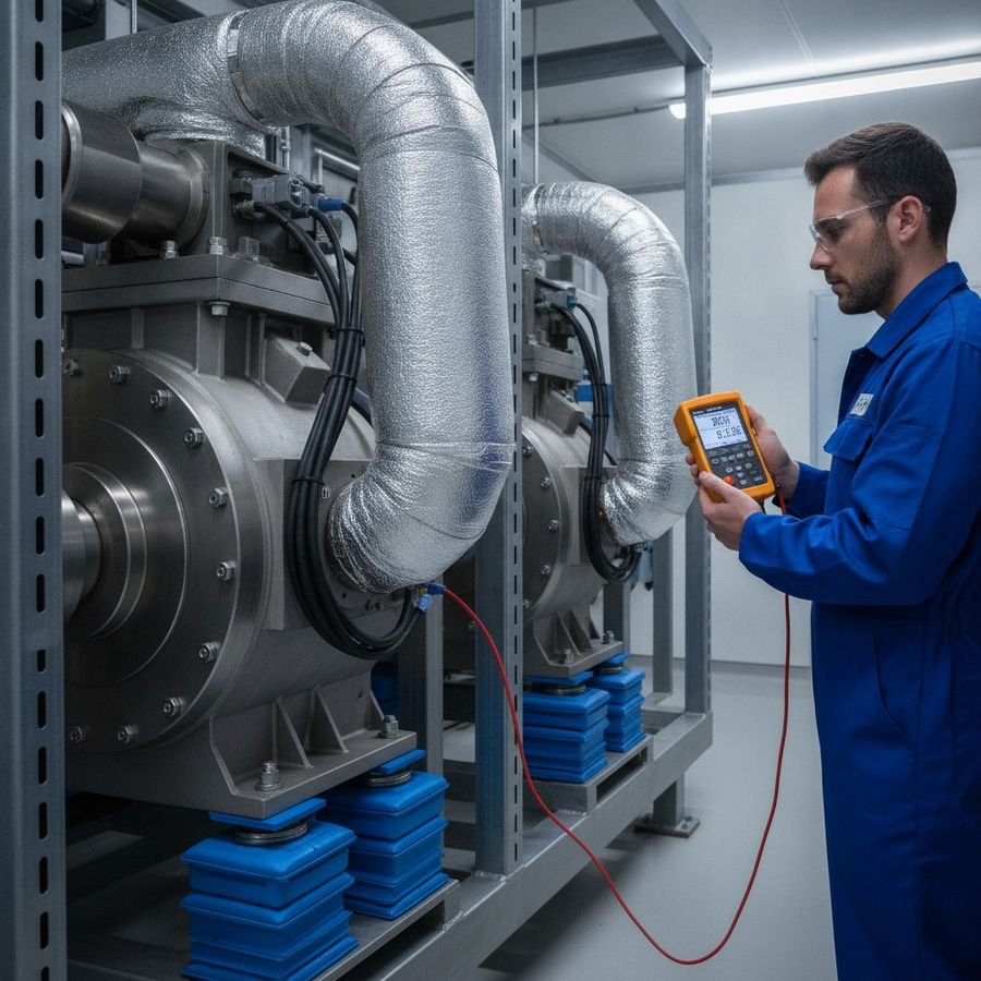 Ingeniero midiendo vibraciones en compresores industriales con soportes antivibración y componentes metálicos visibles.