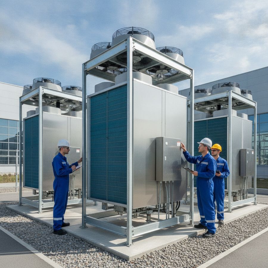 Gran central frigorífica exterior con técnicos revisando ventiladores y compresores en un entorno industrial luminoso.