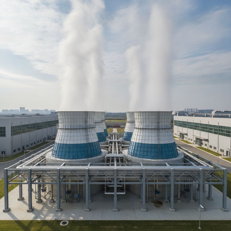 Industrial cooling towers beside a factory with visible upward airflow and clear sky in bright daylight.