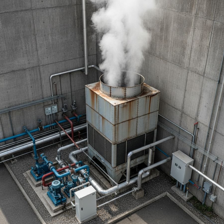 Compact tower stands beside factory walls and piping in a narrow outdoor service area.