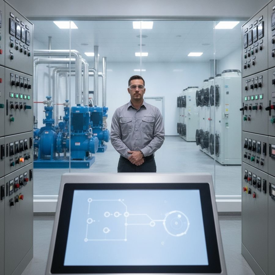 Ingeniero supervisa paneles y equipos de refrigeración industrial junto a válvulas y bombas en una sala luminosa.