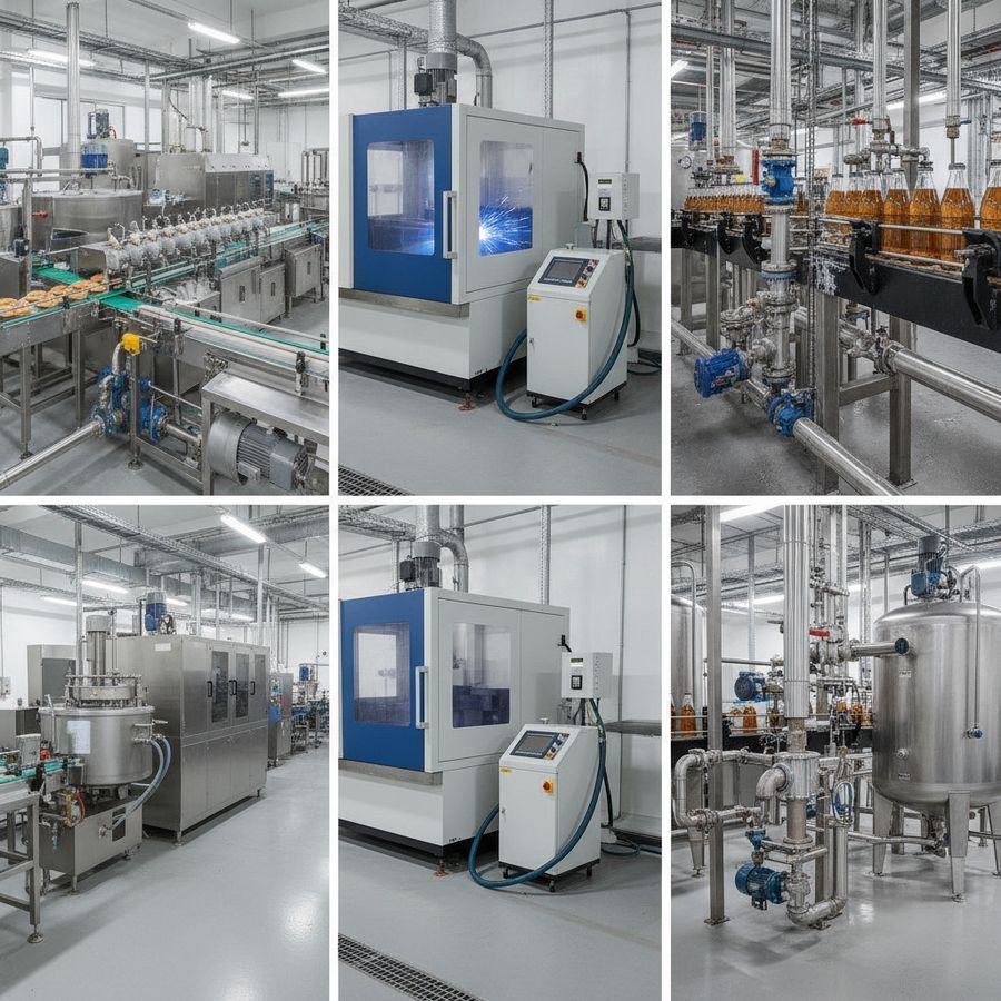 Linea inox alimentare, macchina laser e area imbottigliamento con sistemi di raffreddamento ben illuminati.