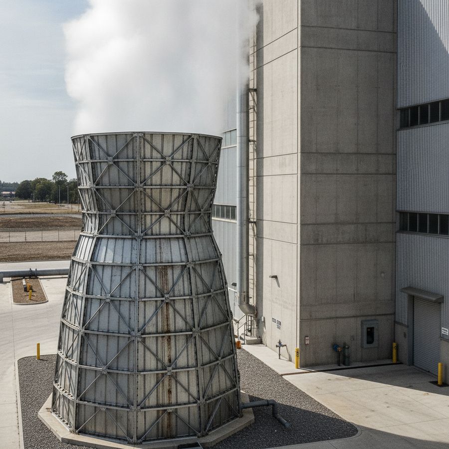 Outdoor tower releases vapor upward beside an industrial building in a windy, well-lit yard.
