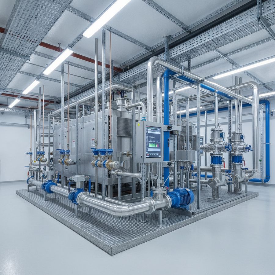 Centrale di raffreddamento con termoregolatori, pompe e tubazioni ordinate in ambiente industriale luminoso.