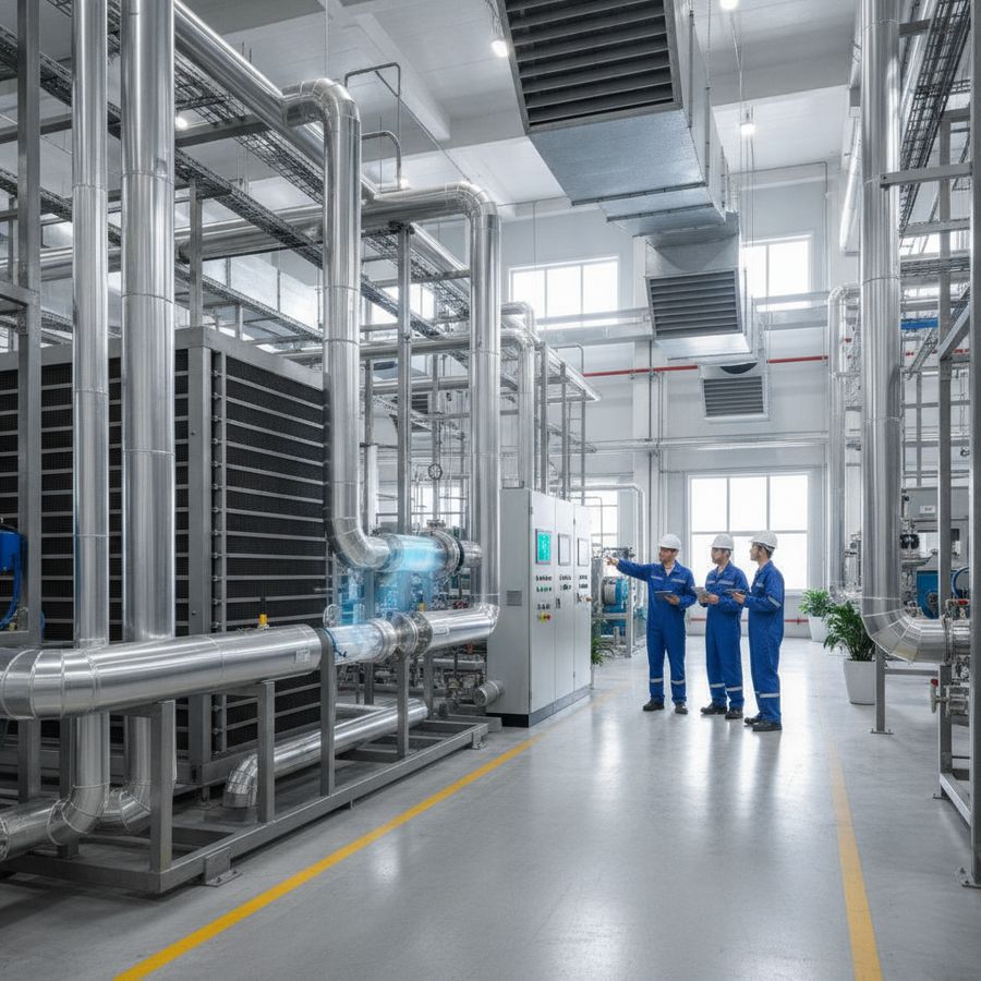 Tecnici osservano una centrale frigorifera pulita e luminosa con tubazioni e unità di raffreddamento moderne.