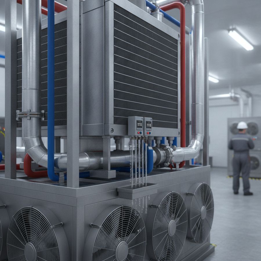 Sala tecnica con ventilatori industriali, scambiatori e tubazioni ordinate in un ambiente ben illuminato.