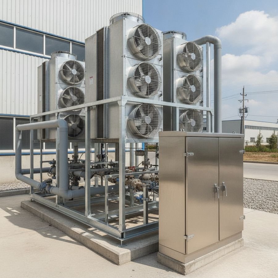 Unidad frigorífica exterior con armario eléctrico protegido y tuberías aisladas junto a una nave industrial.