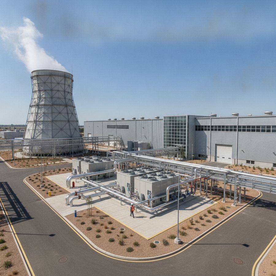 Area esterna di stabilimento con torre, chiller compatto e spazi tecnici per manutenzione.