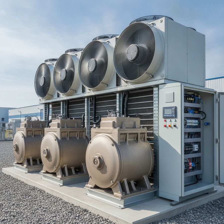Unidad frigorífica industrial con varios ventiladores y módulos de compresión en operación exterior a plena luz.