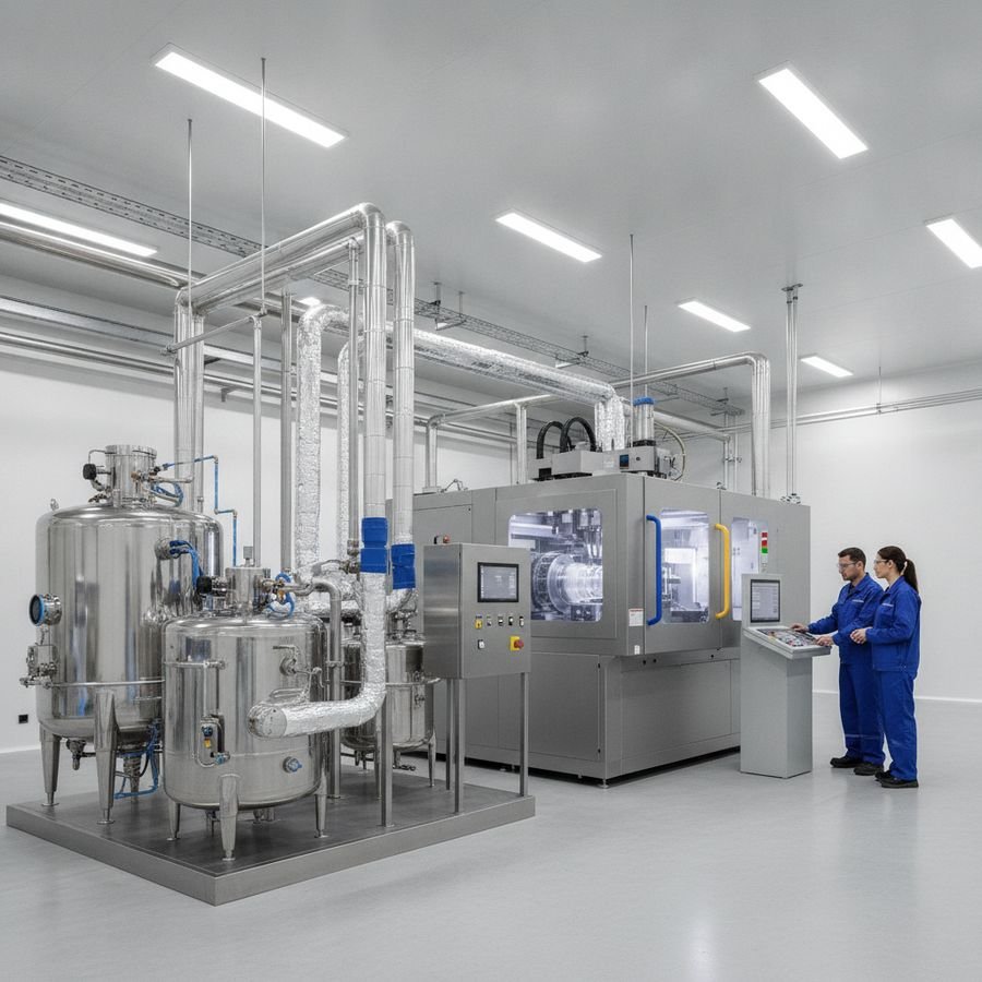 Technicians stand near molding equipment and cooling lines in a bright plastics factory.