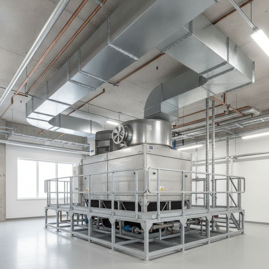 Indoor cooling tower equipment with ductwork and fan housing in a bright industrial mechanical room.