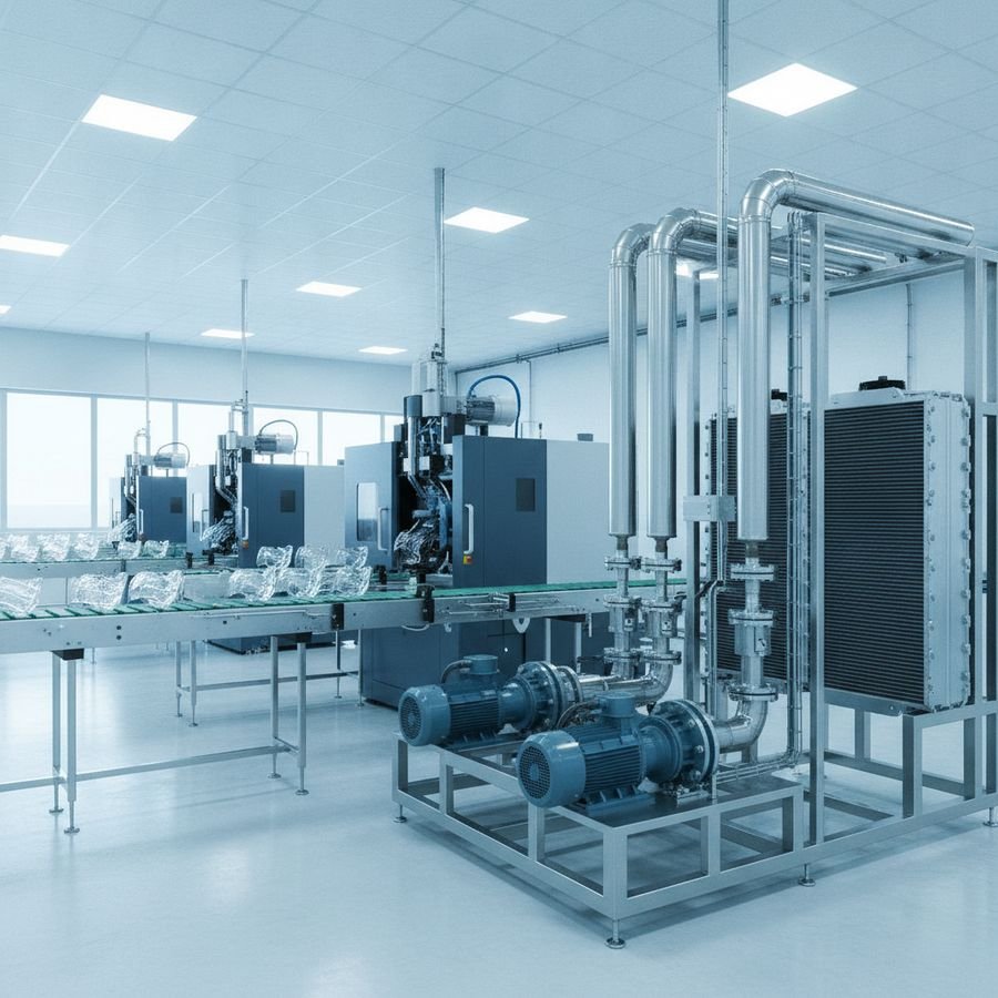 Linea produttiva continua con macchinari industriali e impianto di raffreddamento efficiente in ambiente ben illuminato.