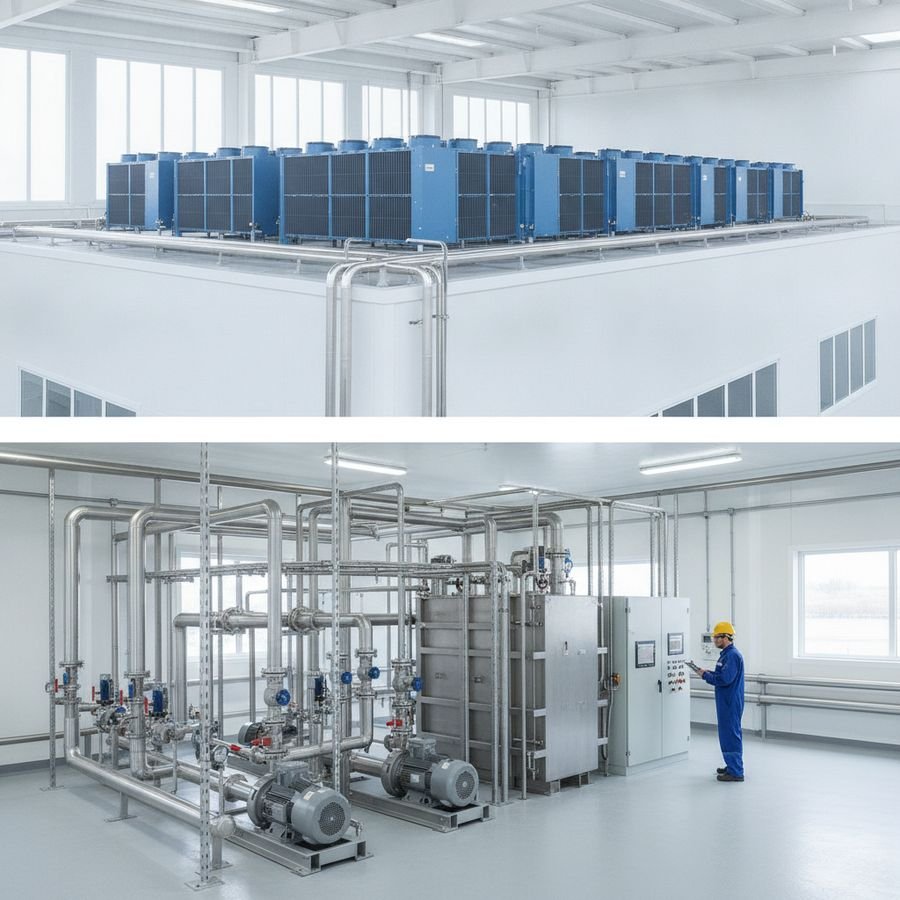 Tecnico vicino a una centrale frigorifera con batterie esterne e tubazioni in uno stabilimento luminoso.