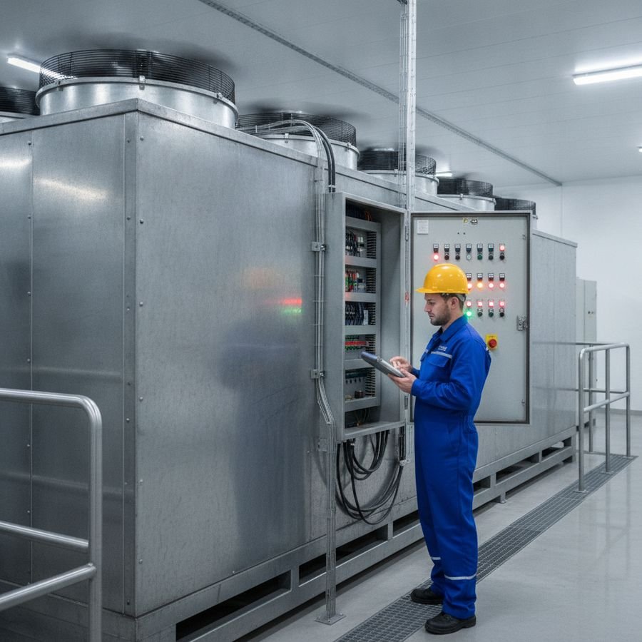 Técnico revisando ventiladores de condensador y cuadro eléctrico en una instalación industrial luminosa.