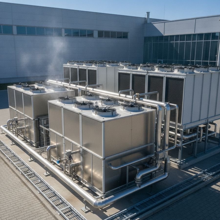 Outdoor modular cooling units beside a factory with connected piping in clear daylight.