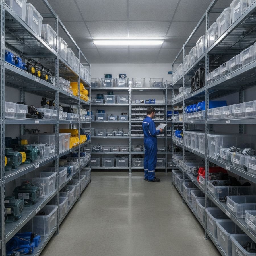 Organized maintenance storeroom with cooling components and a technician checking inventory under bright light.