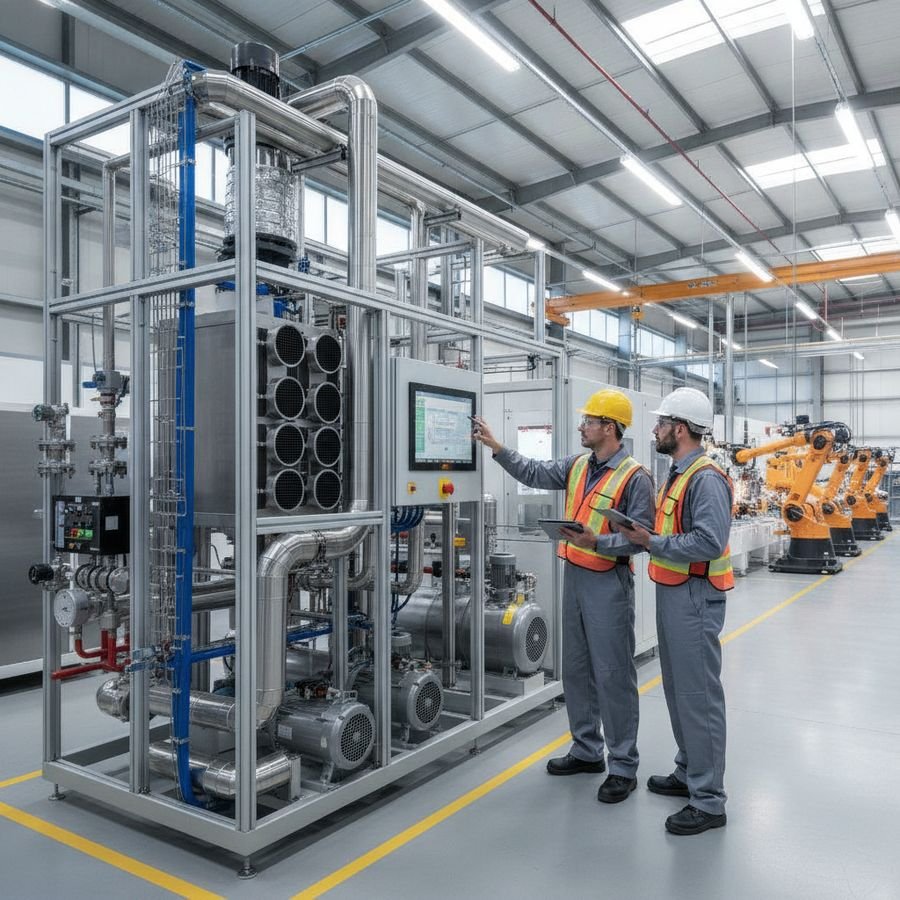 Due tecnici analizzano macchinari industriali e tubazioni in uno stabilimento luminoso e ordinato.