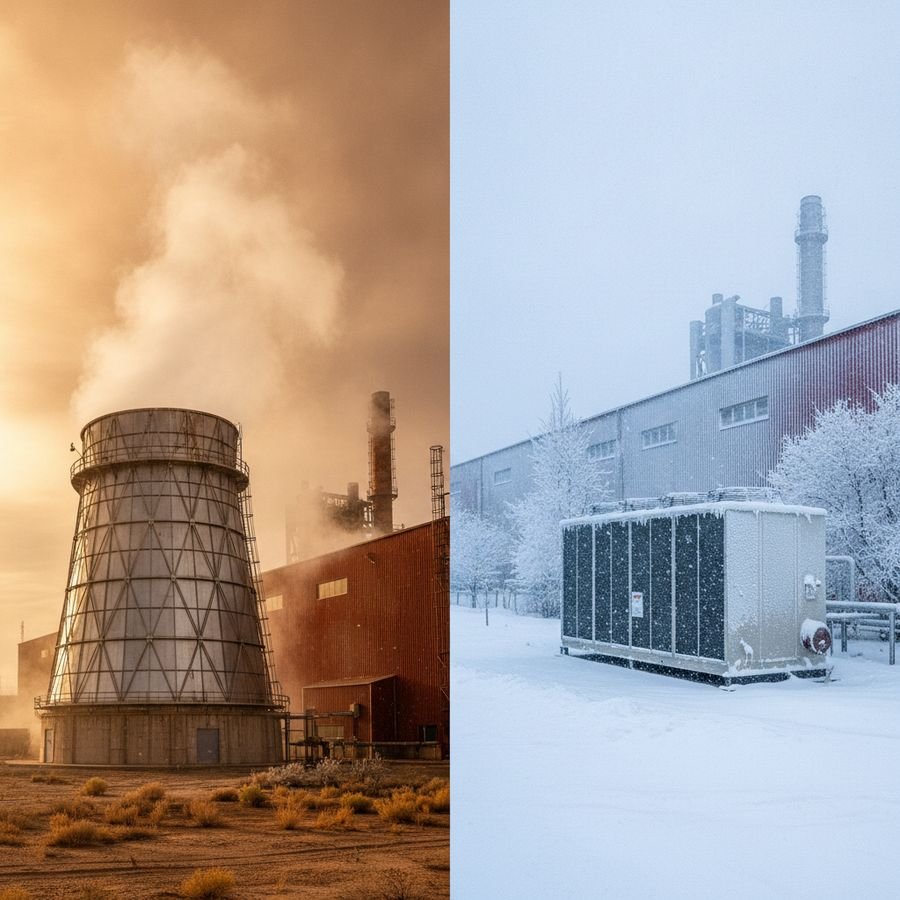 Cooling tower in hot dry weather contrasted with an outdoor chiller in cool winter conditions.
