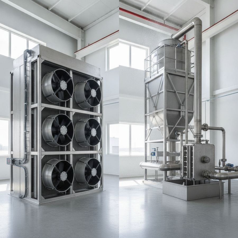 Unità con ventilatori e sistema ad acqua con torre e scambiatore in un impianto industriale luminoso.