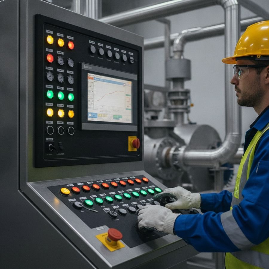 Operator in safety gear checks a well-lit industrial control panel beside process machinery.