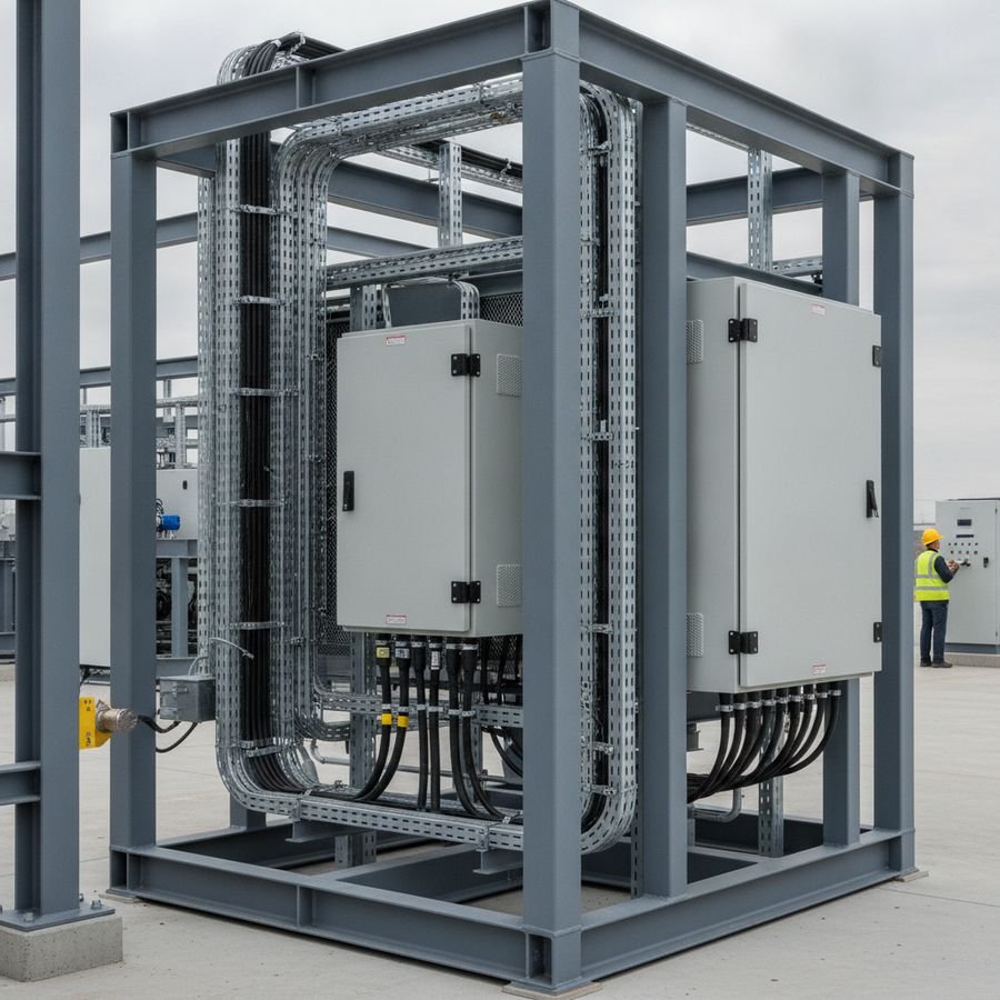 Armarios eléctricos sellados y canalizaciones seguras junto a una unidad frigorífica exterior en un entorno industrial.