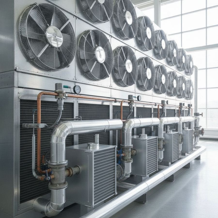Condensatori industriali e scambiatori puliti in area tecnica luminosa con ventilatori e tubazioni.